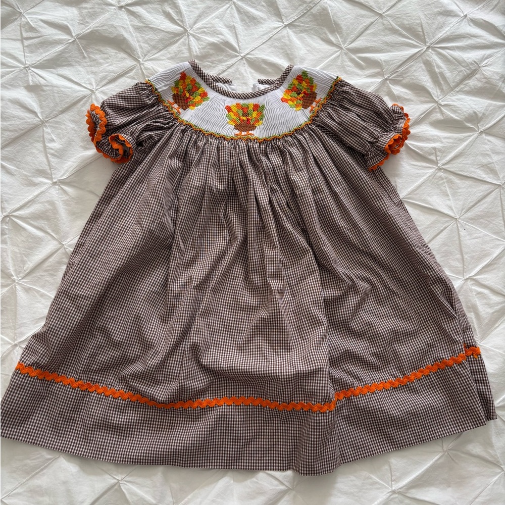 Brown Gingham Dress with Orange Accents